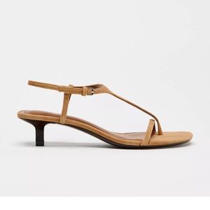 Zara Suede Camel T-Strap Low Heel Sandal